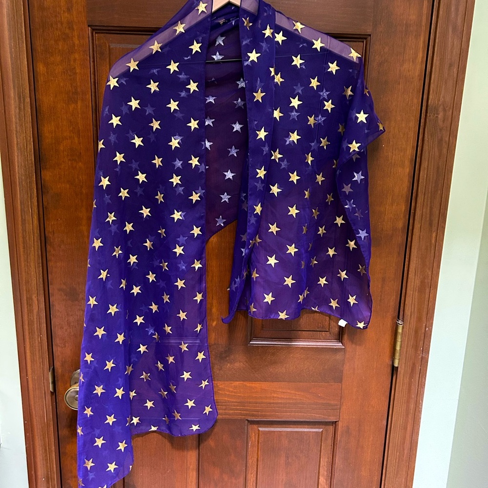 Pre-loved polyester Purple and Gold foil Star printed scarf. Made in Korea.